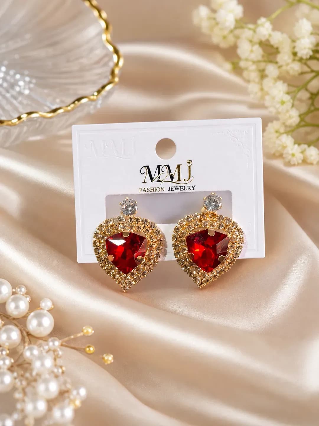 Women Heart Crystal Gold Plated Earrings 2 Pcs