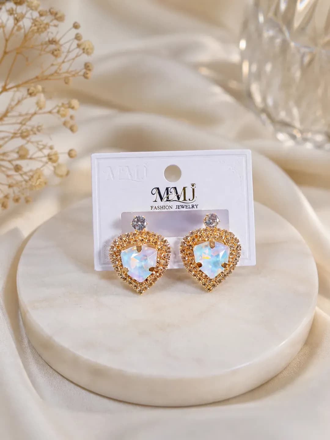 Women Heart Crystal Gold Plated Earrings 2 Pcs