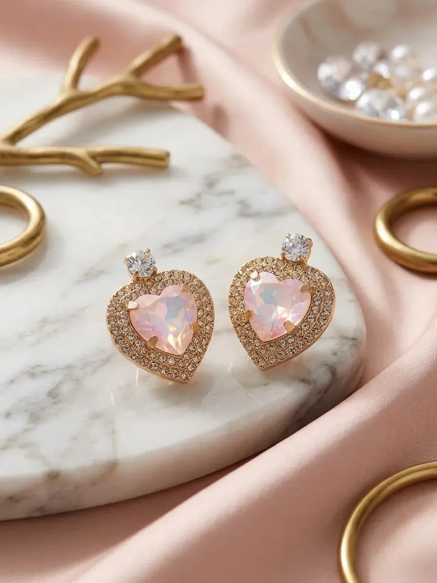 Heart-shaped Gold Plated Crystal Earrings 2 Pcs