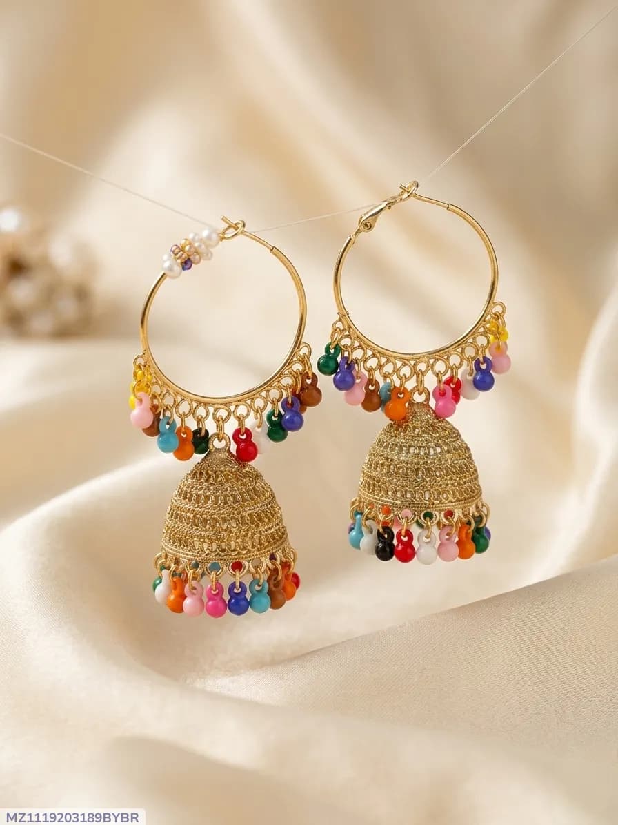 Golden Jhumka Earrings for Women with Crystal Tassels