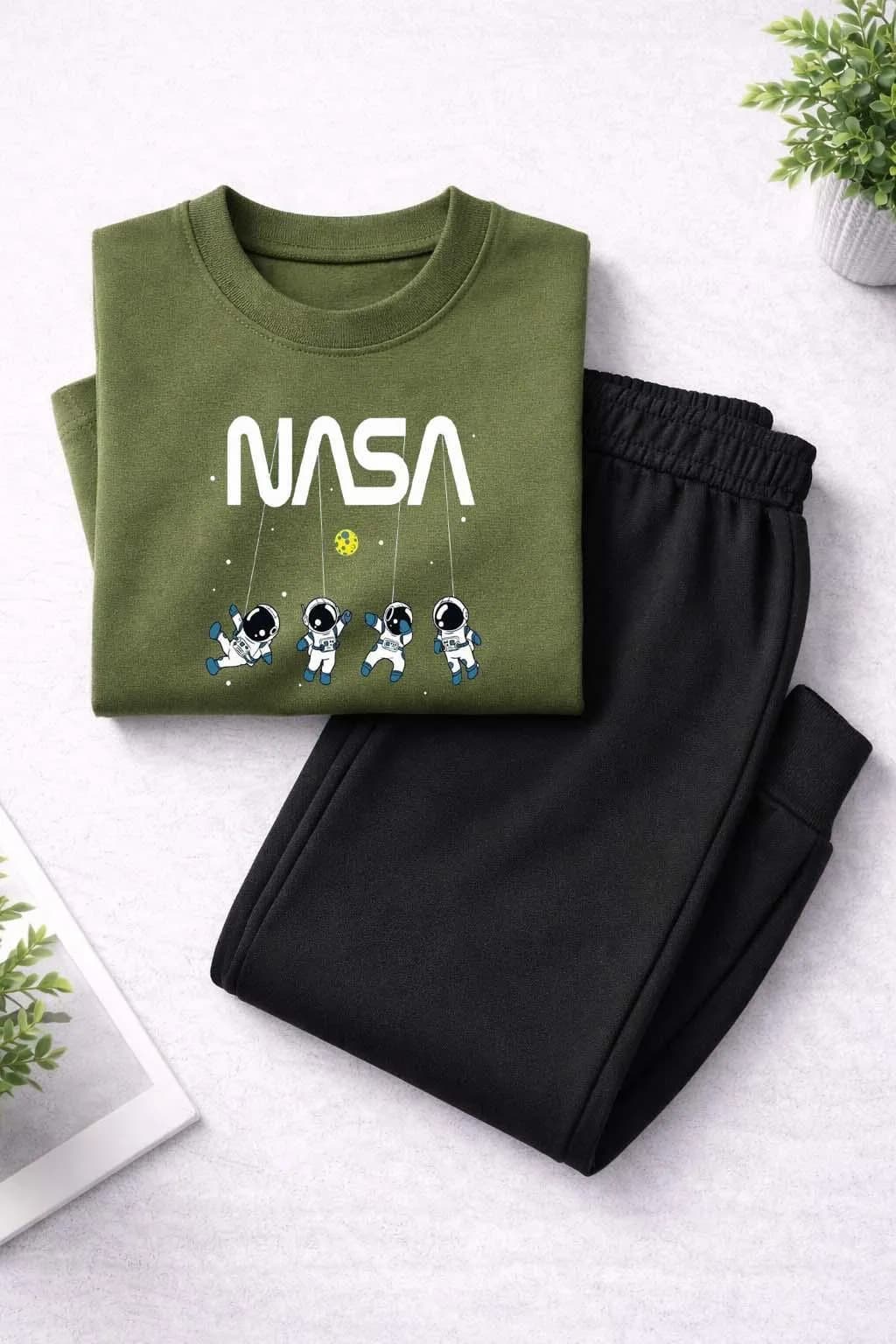 Kids NASA Printed T-Shirt & Pants Set Green Black