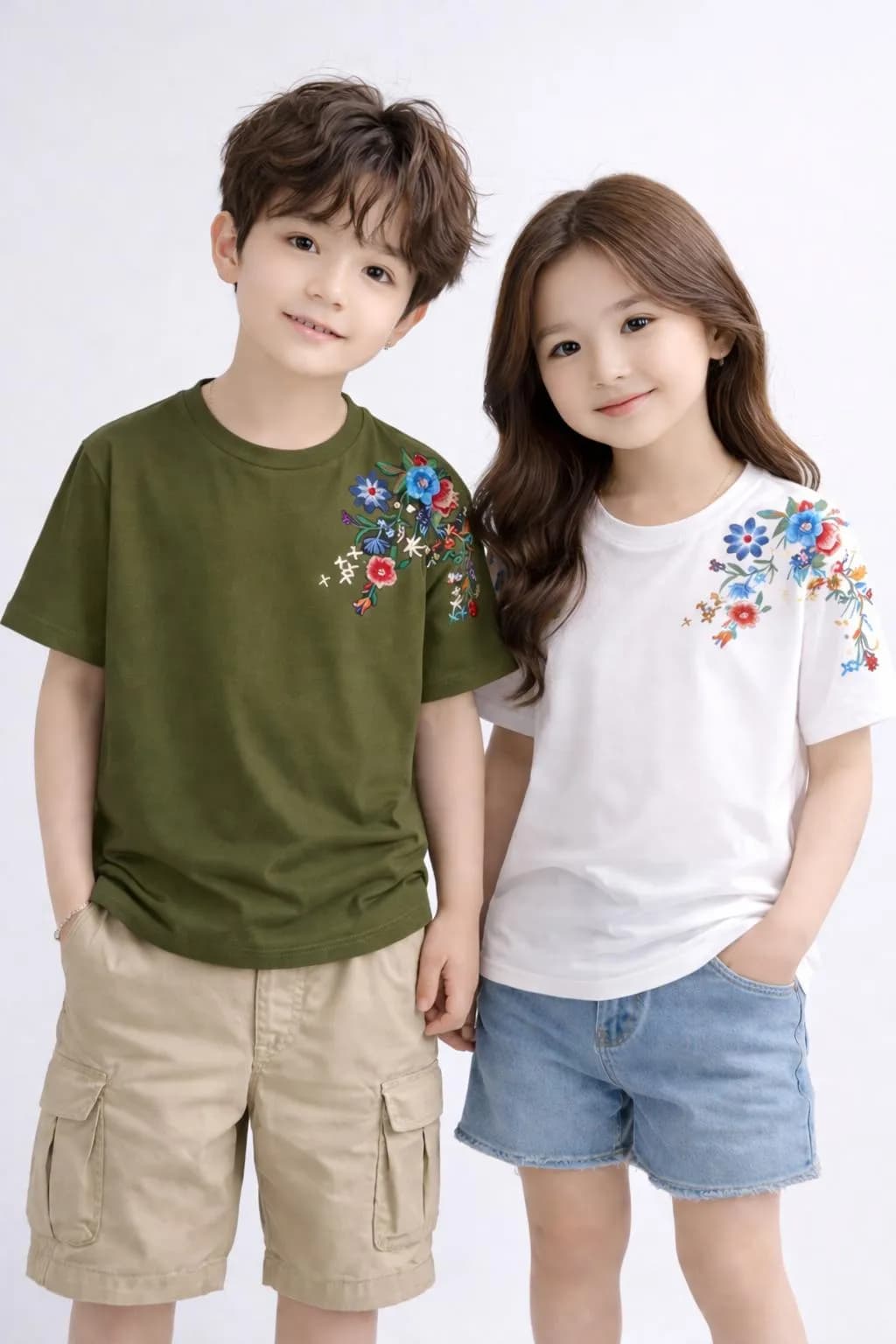 Women Floral Embroidered T-Shirt Set Olive White
