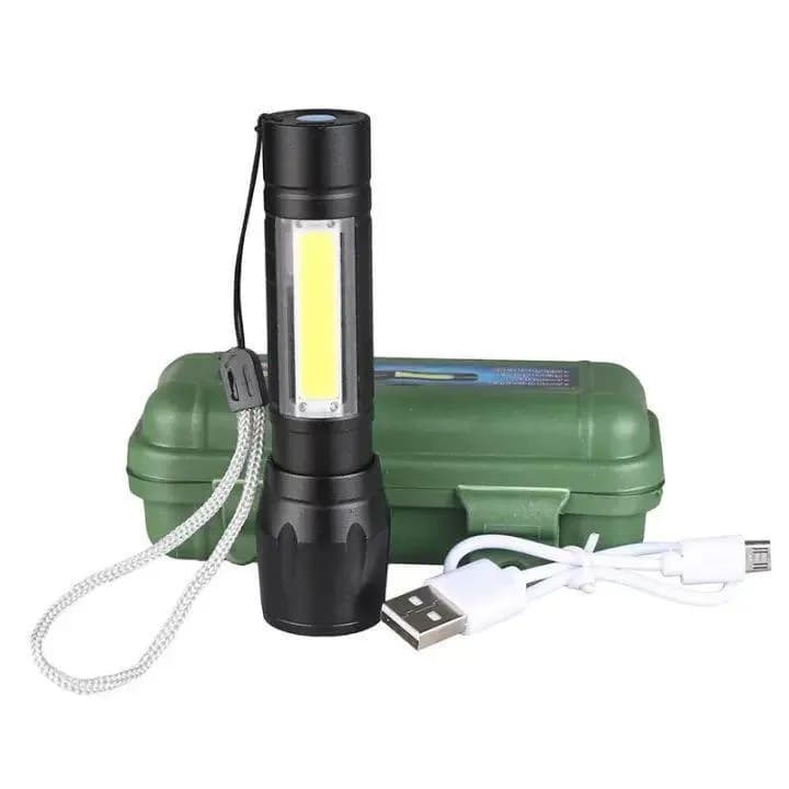 Rechargeable Flashlight with USB Cable & Green Case