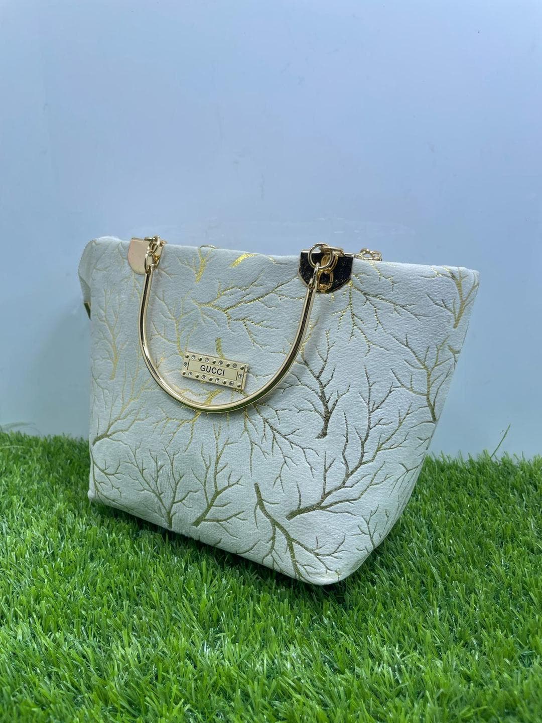 Velvet Printed Handbag White Top Handle for Girls