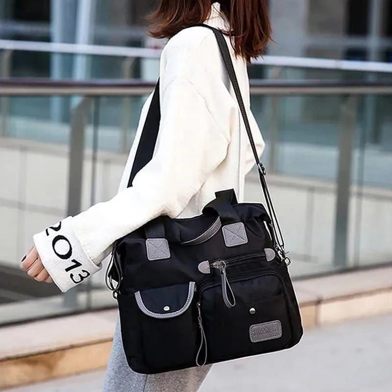 Ladies Waterproof Nylon Shoulder Bag Black Multiple Pockets
