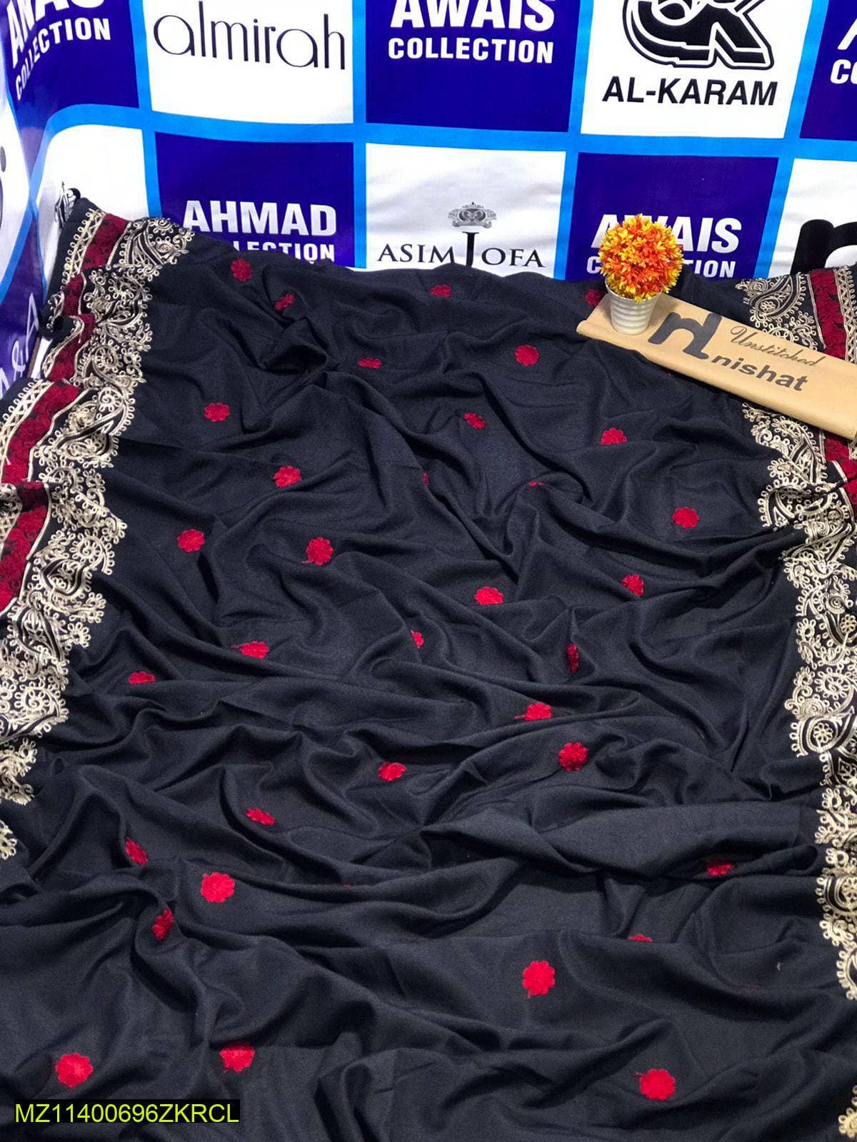 Black Tilla Embroidered Shawl with Red Floral Motifs