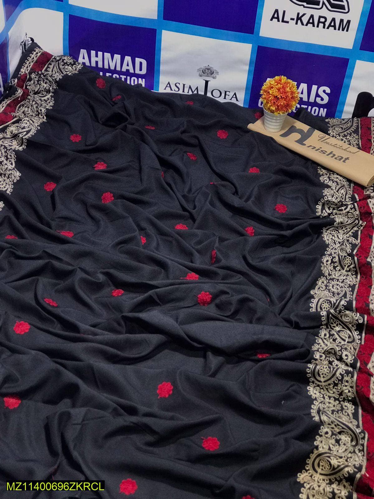 Black Tilla Embroidered Shawl with Red Floral Motifs