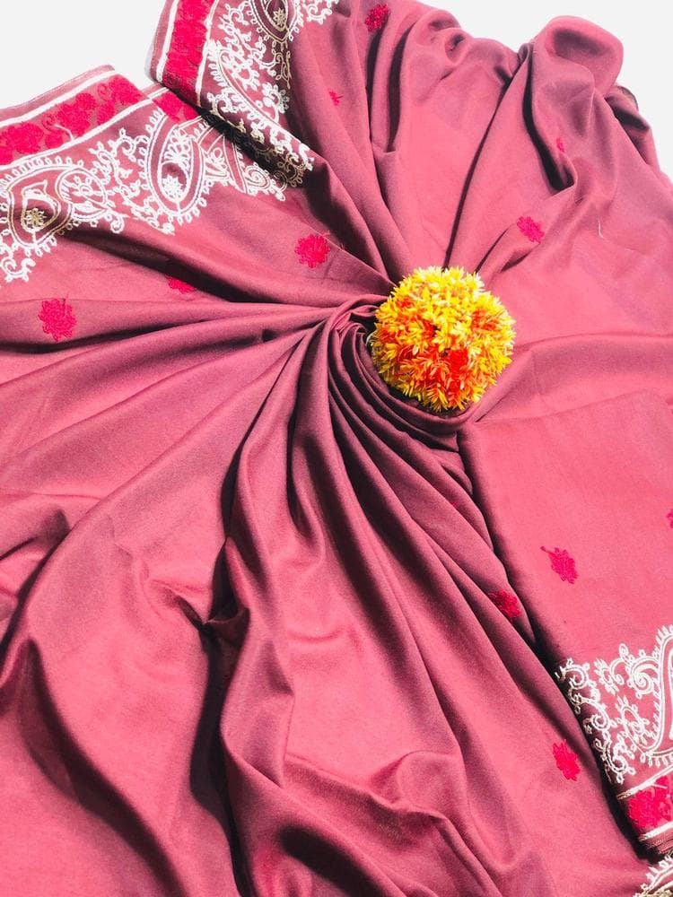 Maroon Swiss Lawn Shawl with White Paisley & Pink Floral Embroidery