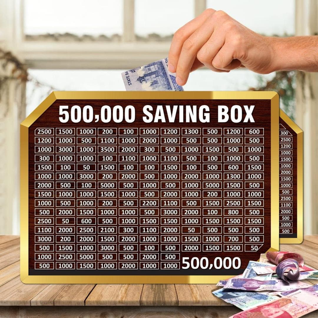 500,000 PKR Savings Box Wooden Golden Acrylic