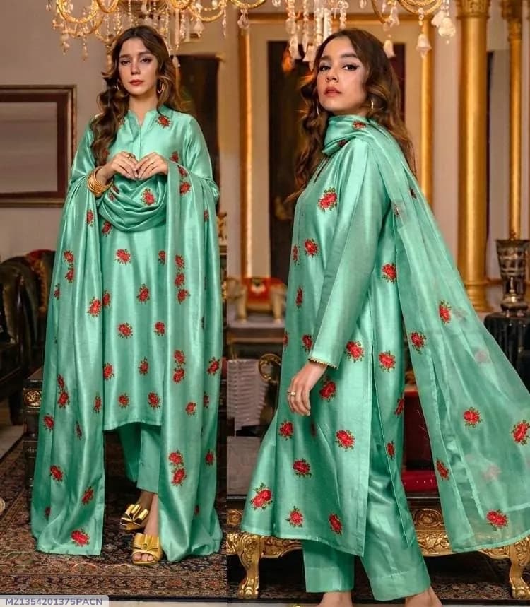 3 Pcs Women's Stitched Silk Embroidered Suit Rose Embroided Shirt, trouser with Embroided Dupatta