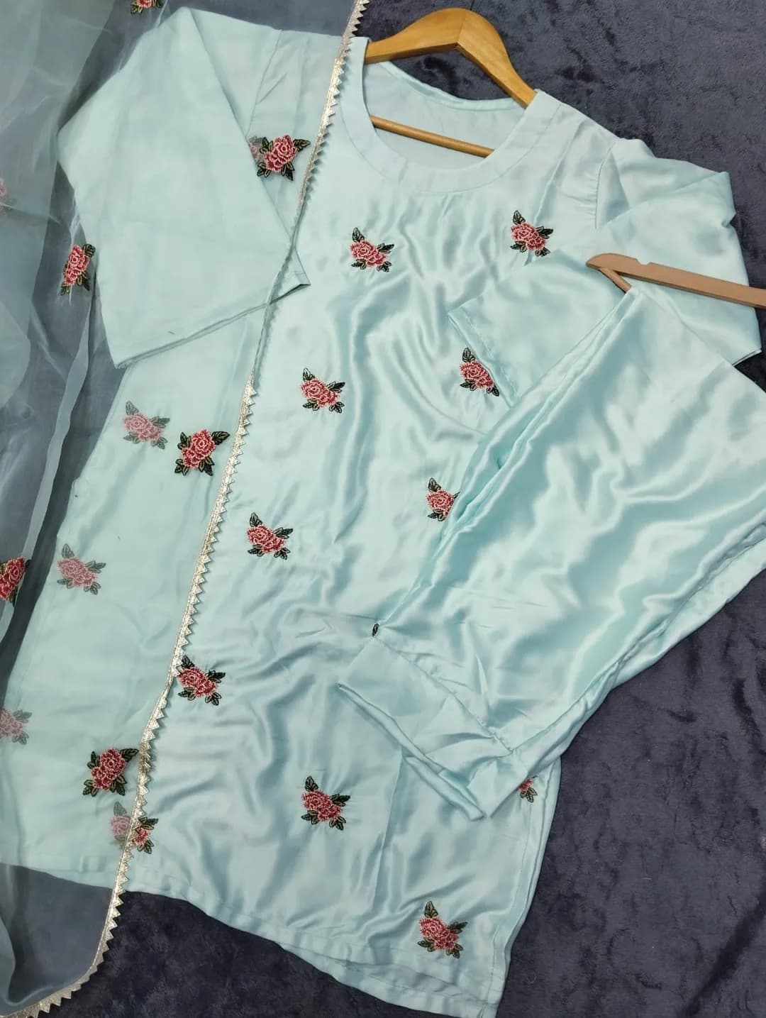 3 Pcs Women's Stitched Silk Embroidered Suit Rose Embroided Shirt, trouser with Embroided Dupatta