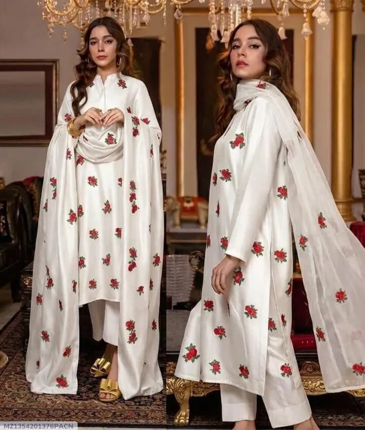 3 Pcs Women's Stitched Silk Embroidered Suit Rose Embroided Shirt, trouser with Embroided Dupatta