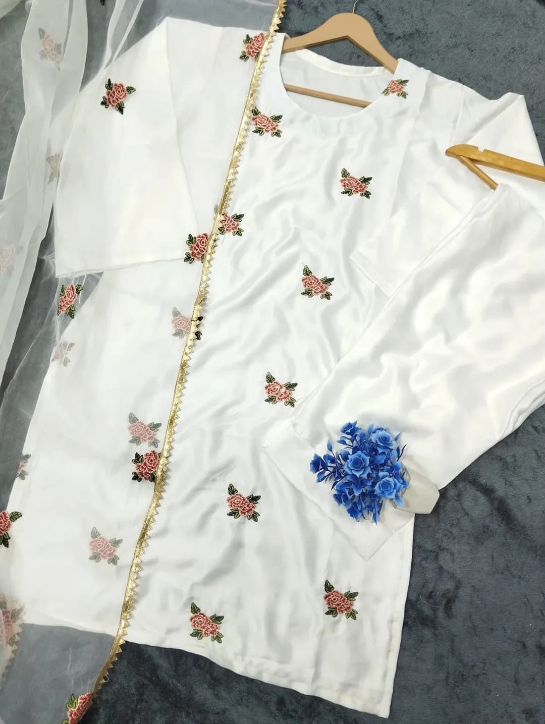 3 Pcs Women's Stitched Silk Embroidered Suit Rose Embroided Shirt, trouser with Embroided Dupatta