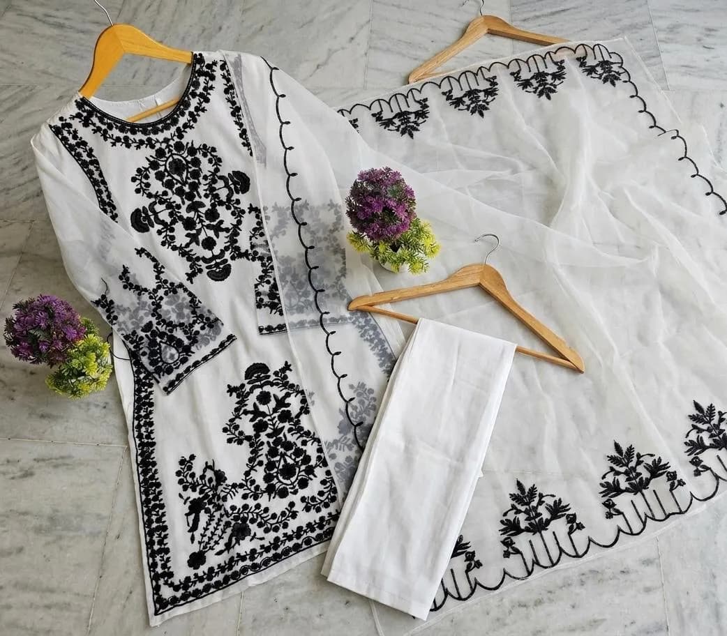 3 Pcs Women's Stitched Organza Embroidered Suit