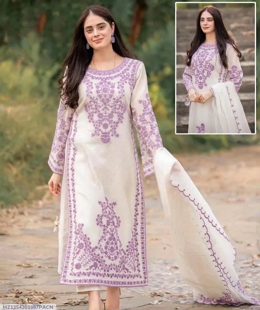 3 Pcs Women's Stitched Organza Embroidered Suit