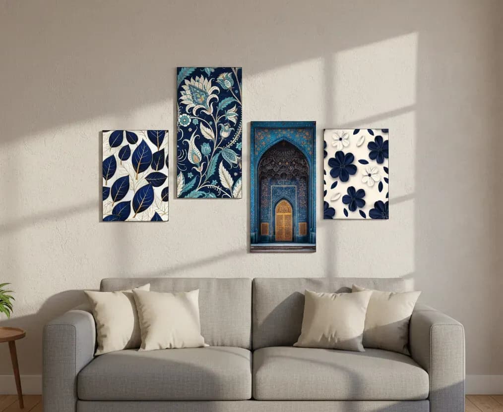 Blue Floral Wall Art Set 4 Pcs Double Tape