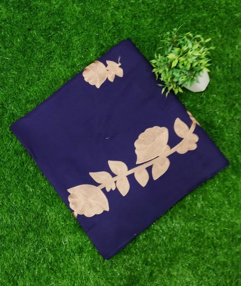 Navy Blue Linen Shawl with Golden Embroidery 90x56"
