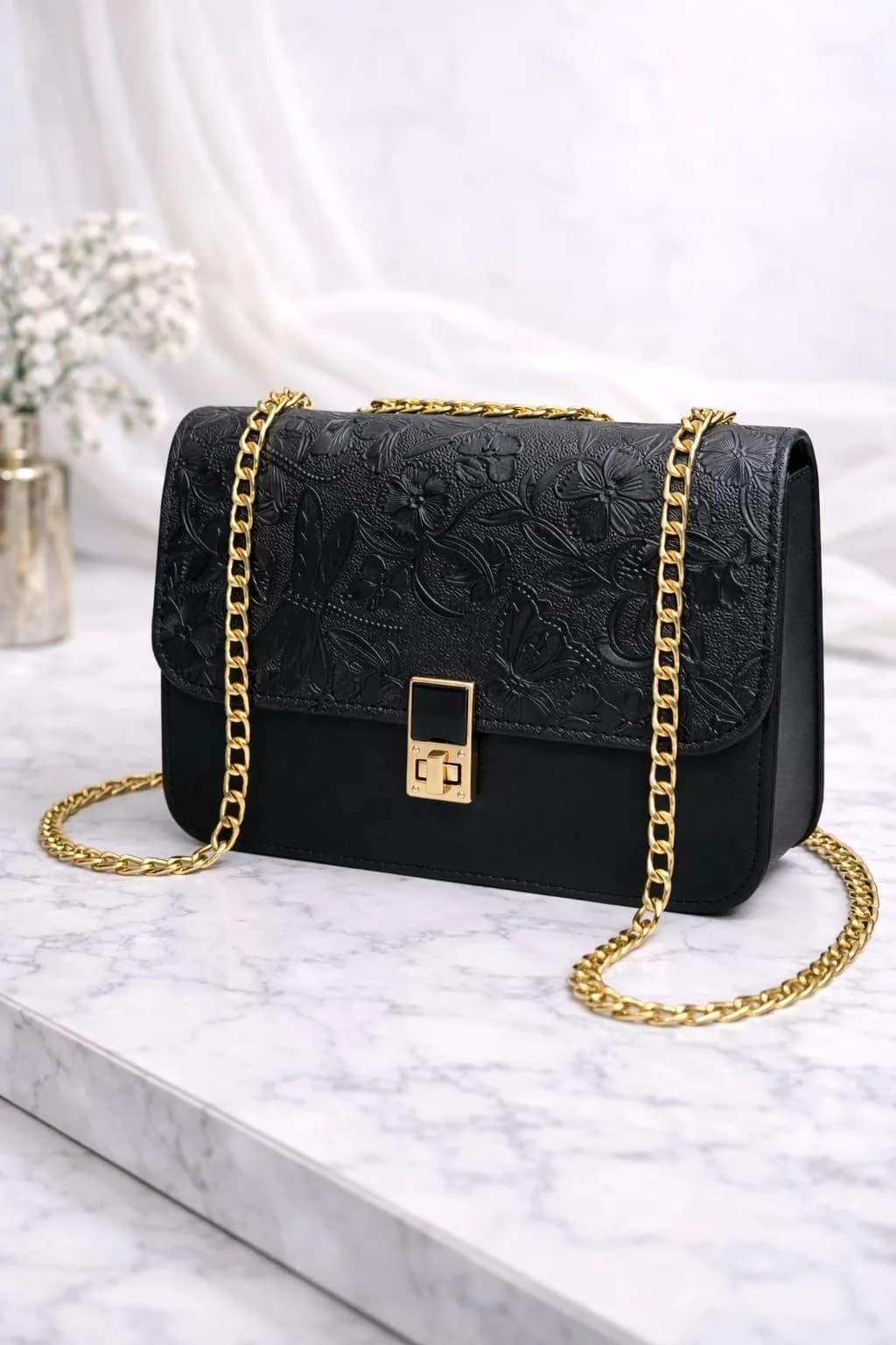 Black Embroidered Chain Crossbody Bag for Girls