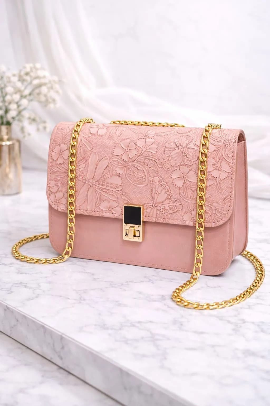 Pink Leather Chain Crossbody Bag for Girls 8x9x8"