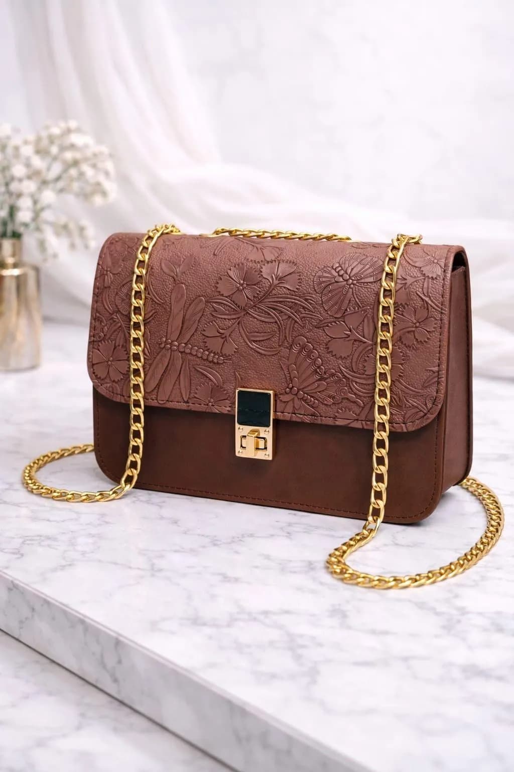 Brown Floral Embossed Chain Crossbody Bag for Women
