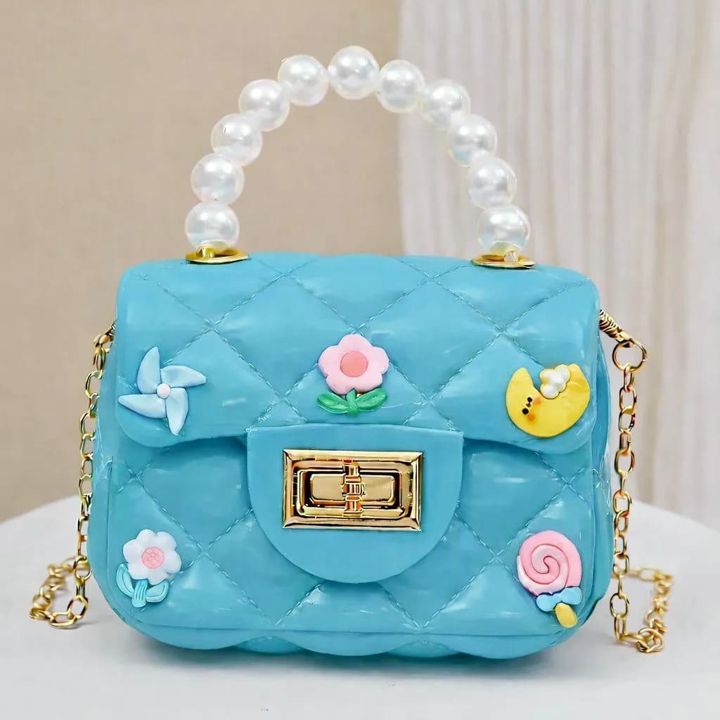 Blue Quilted Mini Crossbody Bag with Pearl Handle & 3D Decorations