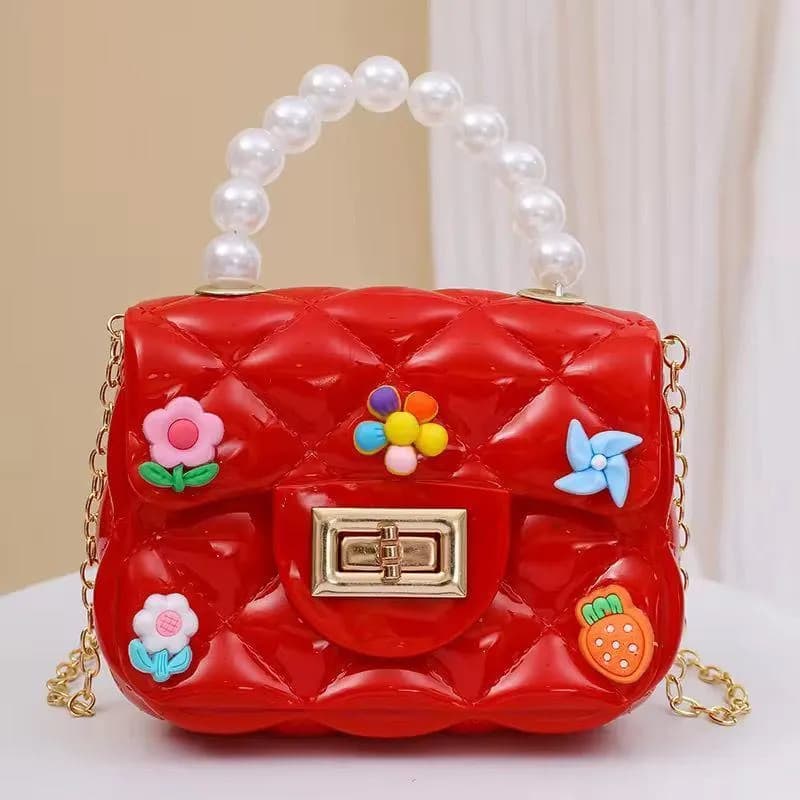 Red Mini Crossbody Bag for Girls with Floral Appliques & Pearl Handle