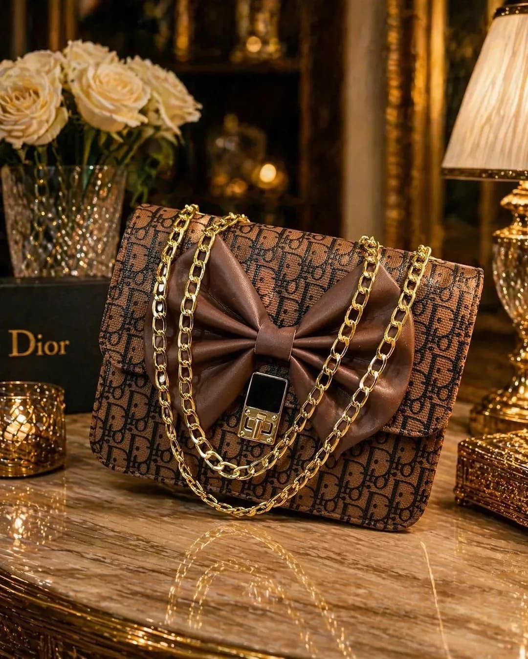 Dior Brown Leather Chain Crossbody Bag for Girls Brown