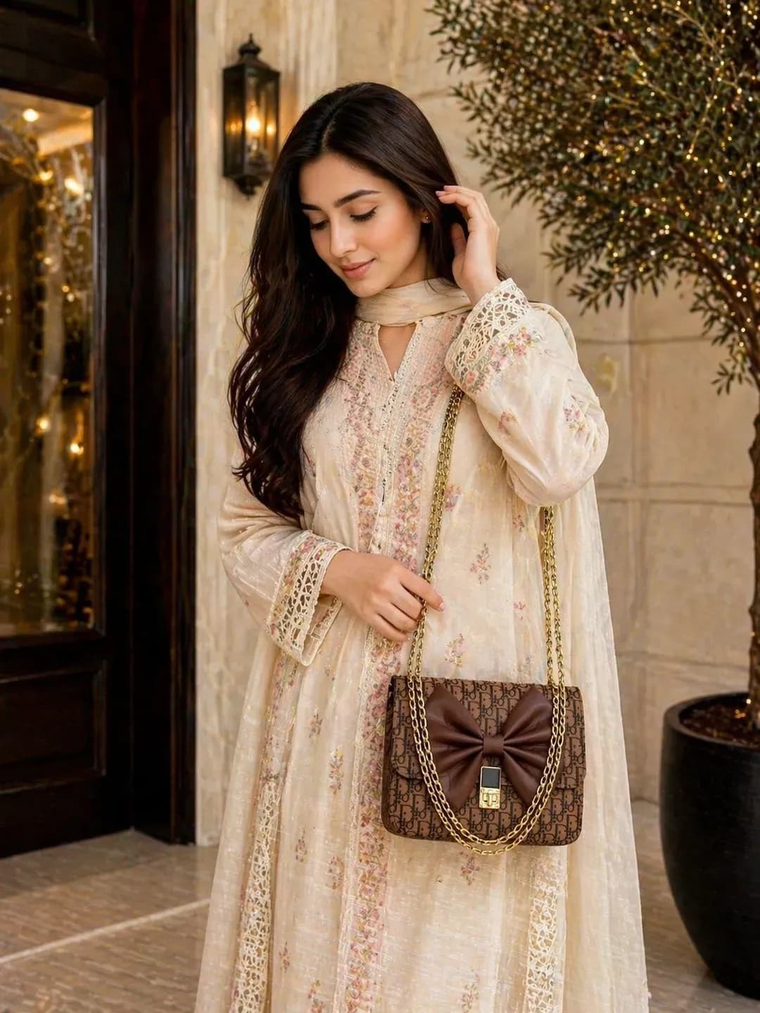 Dior Brown Leather Chain Crossbody Bag for Girls Brown