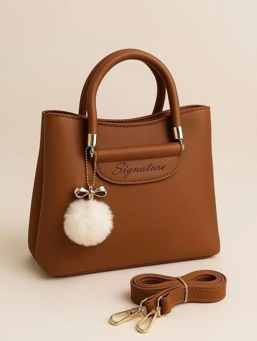 Girl's Brown Leather Shoulder Bag with Pom Pom Charm