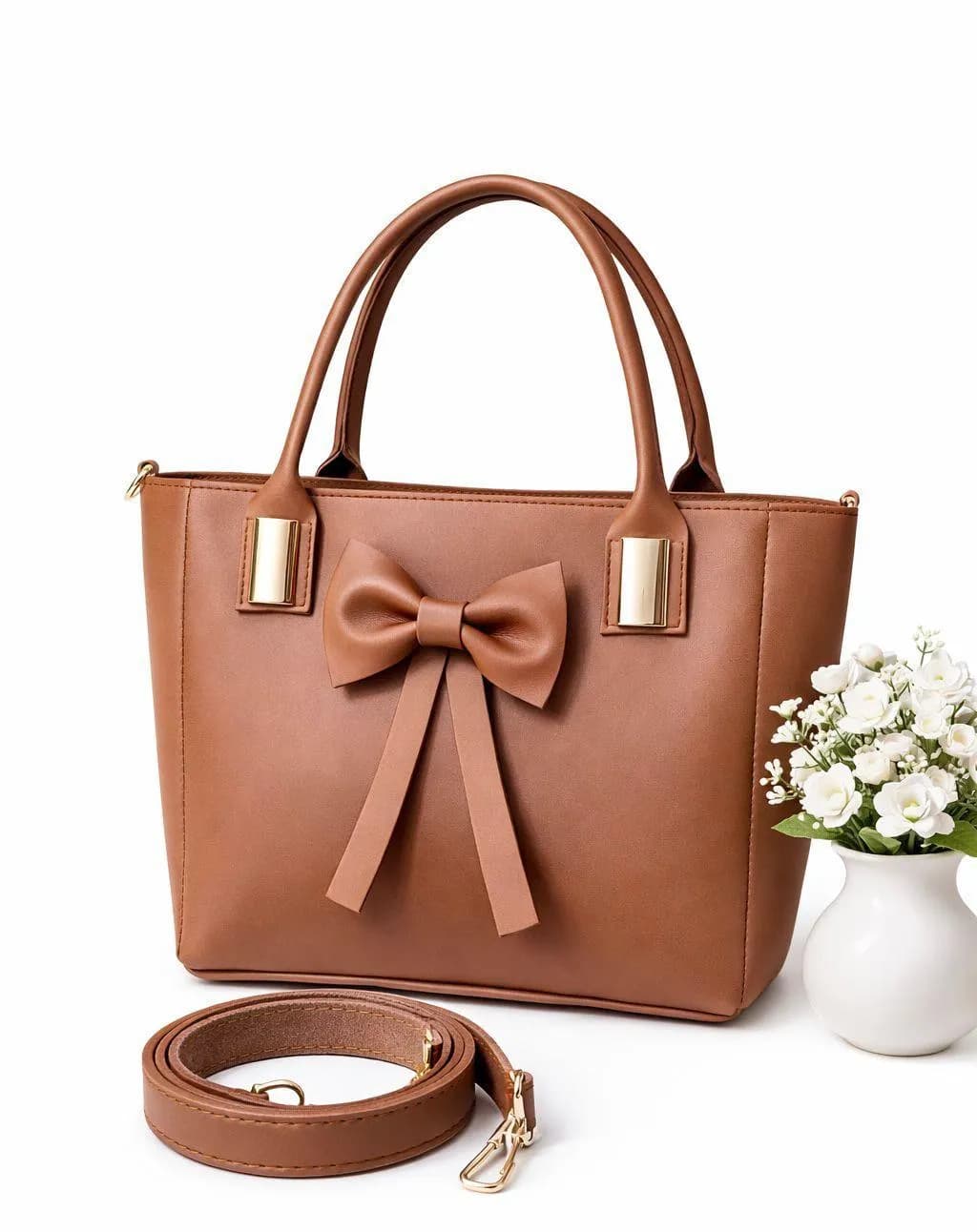 Mustard Leather Bow Shoulder Bag with Detachable Strap