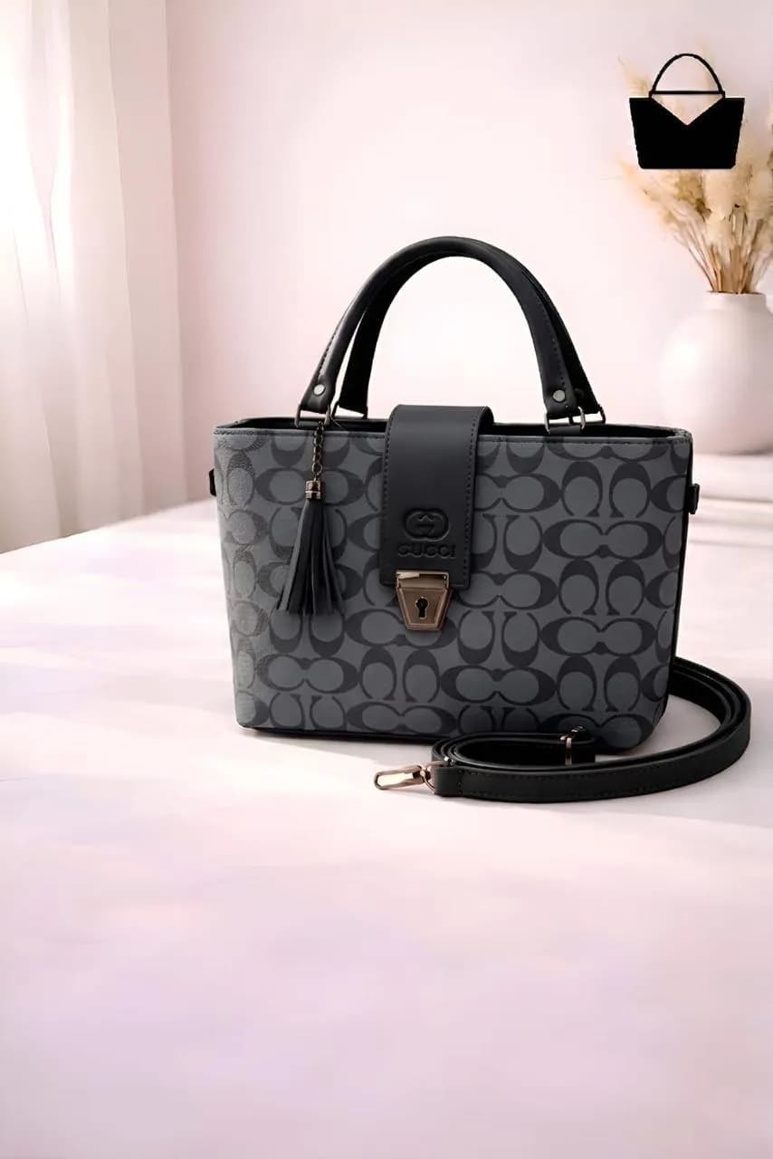 Women's Black Printed Leather Shoulder Bag 6x8"