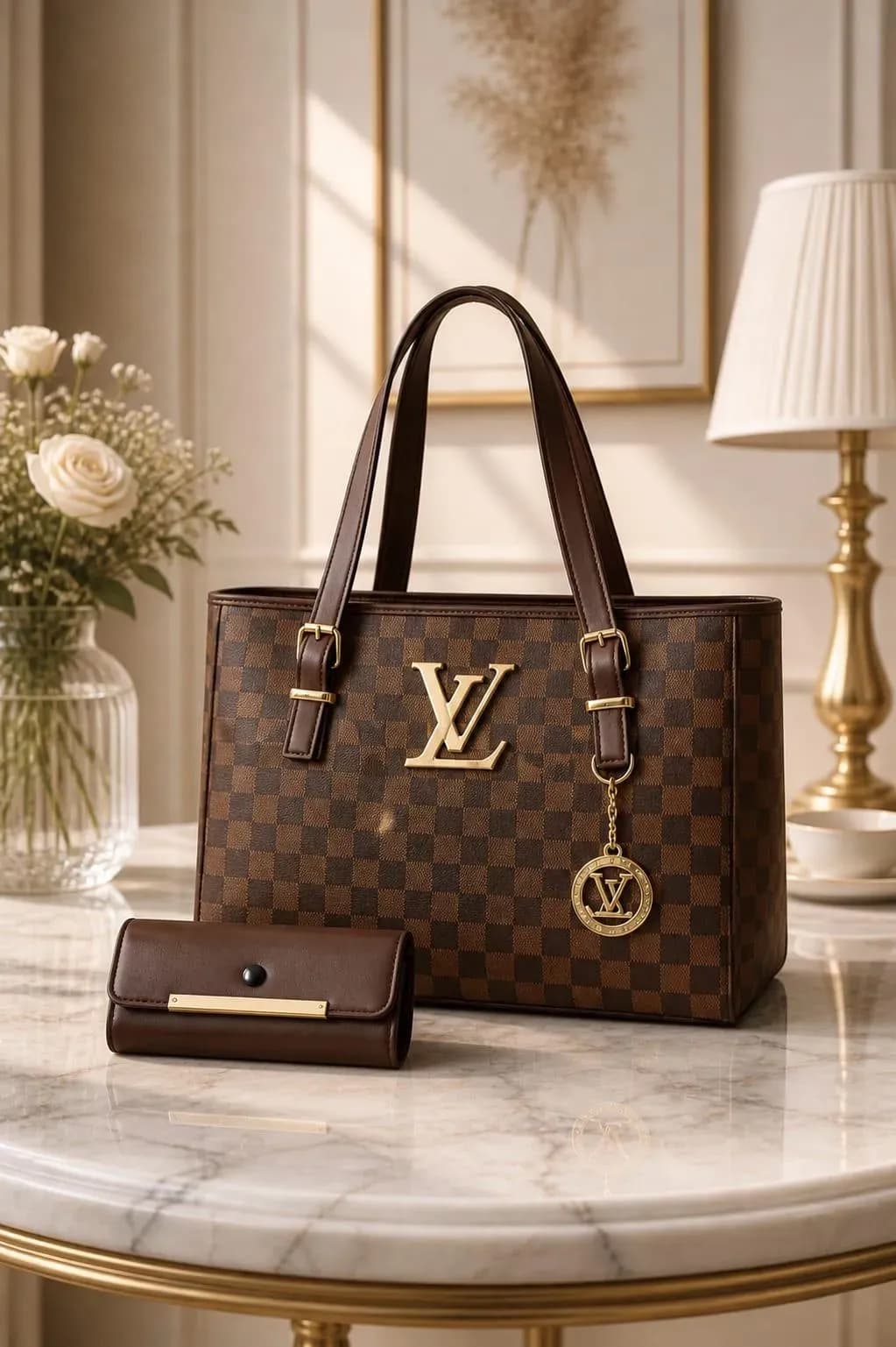 Luxury Brown LV Checkered Handbag Set with Card Pouch