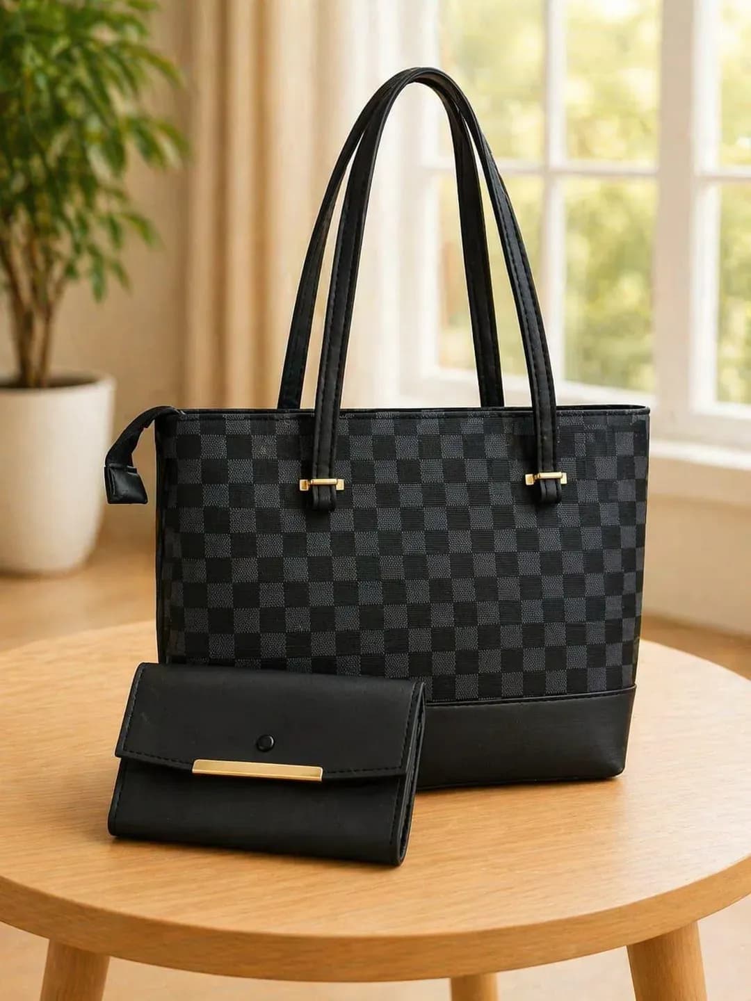 Black Checkered Leather Handbag Set for Women
