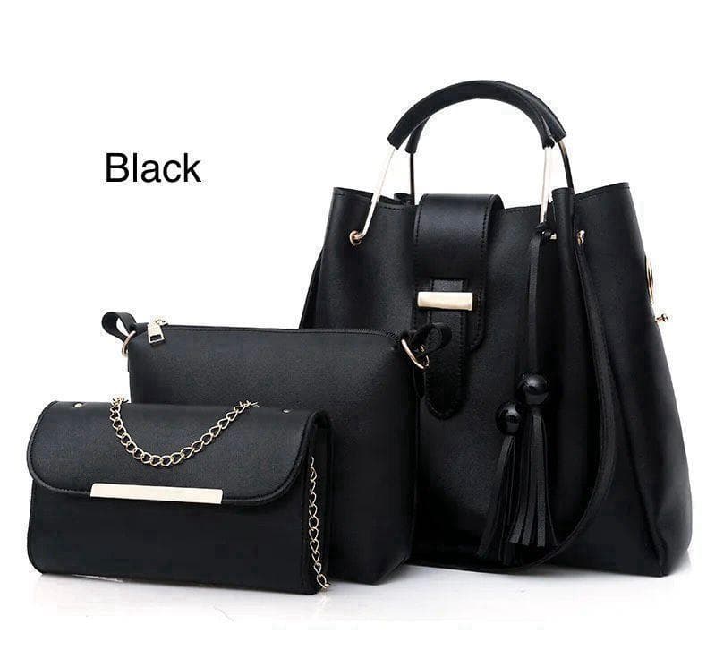 Premium Quality 3-Piece Black Leather Handbag Set for Women
