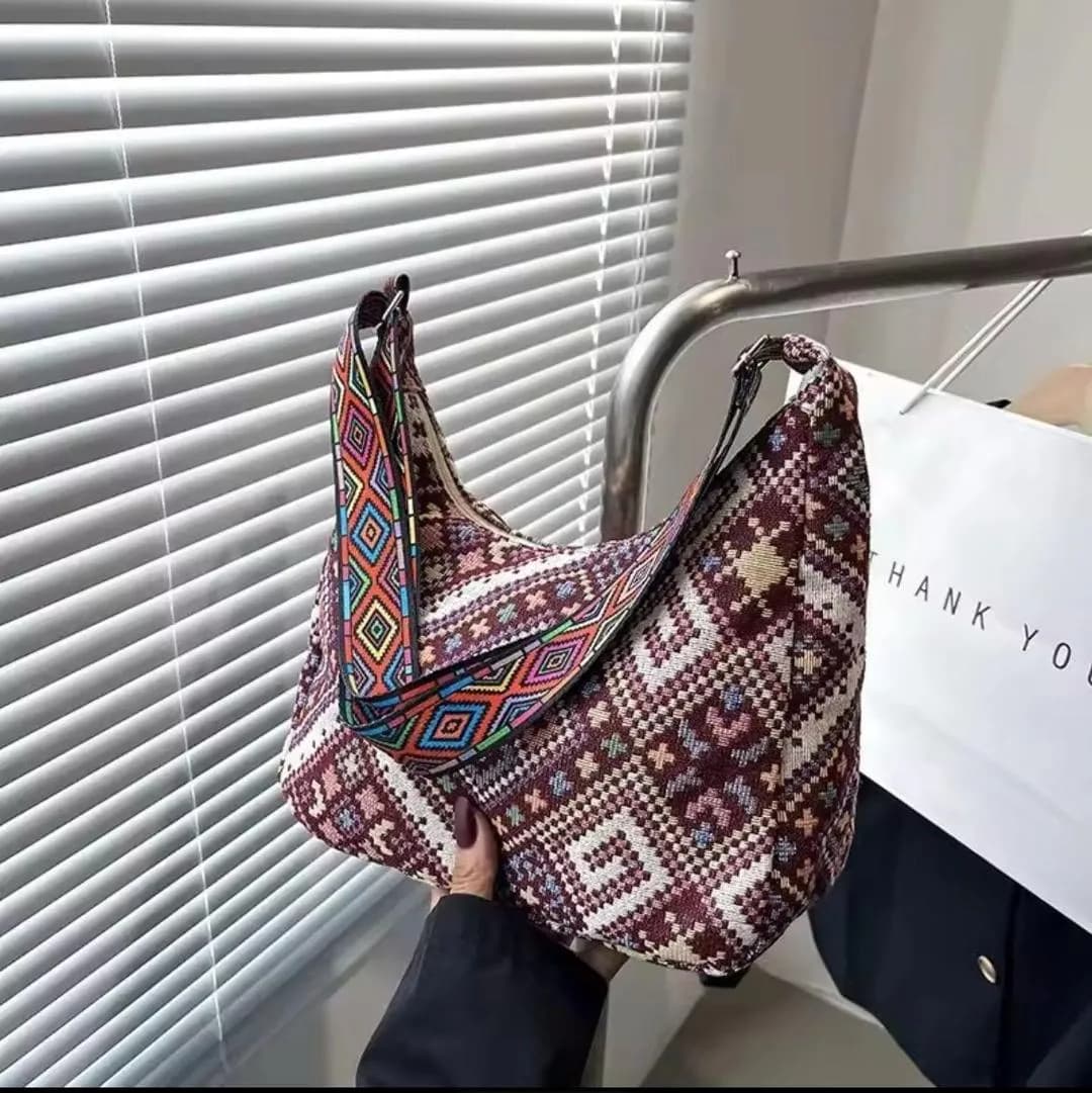 Bohemian Woven Shoulder Bag with Geometric Strap
