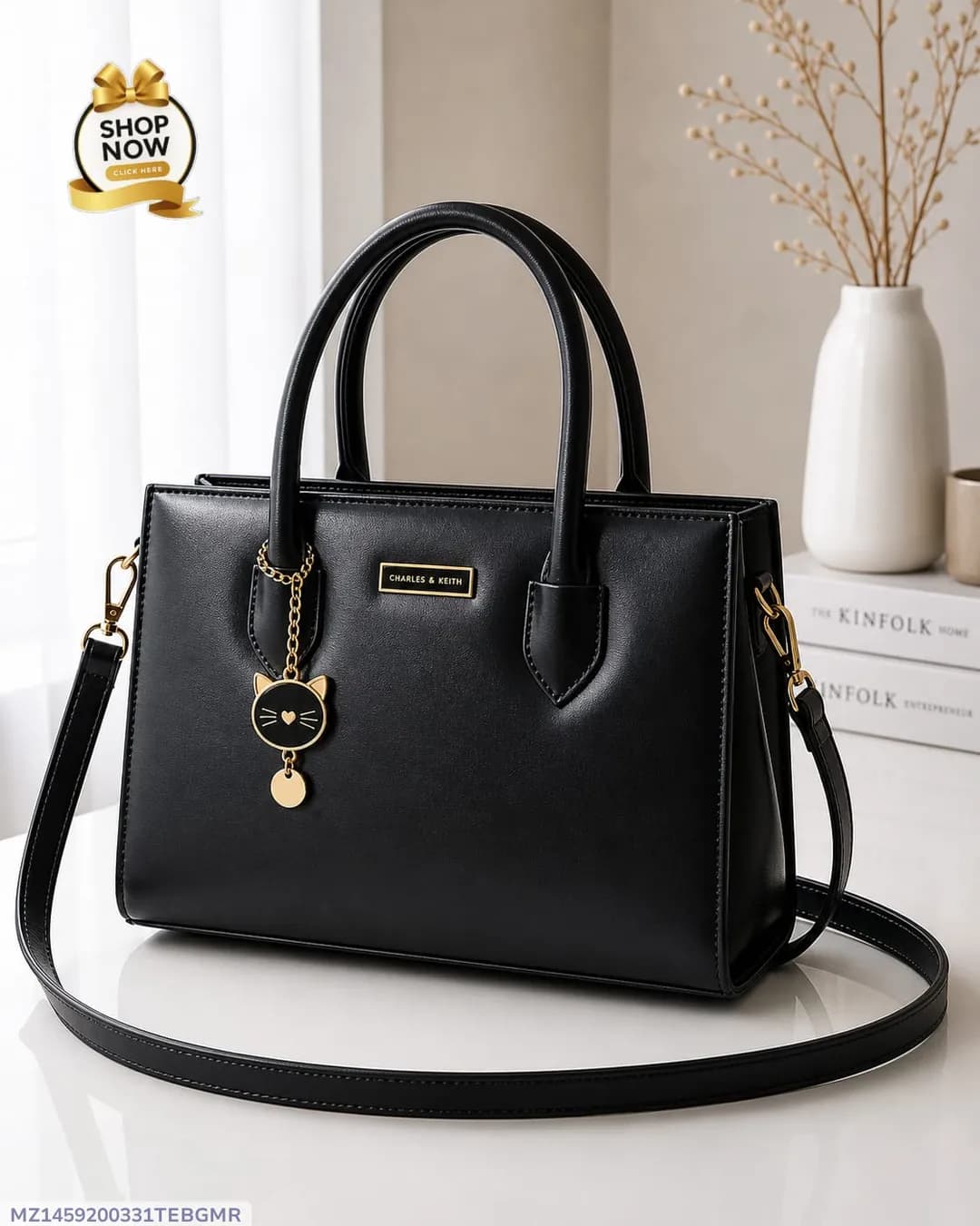 Women's Black Rexine Shoulder Bag with Top Handle