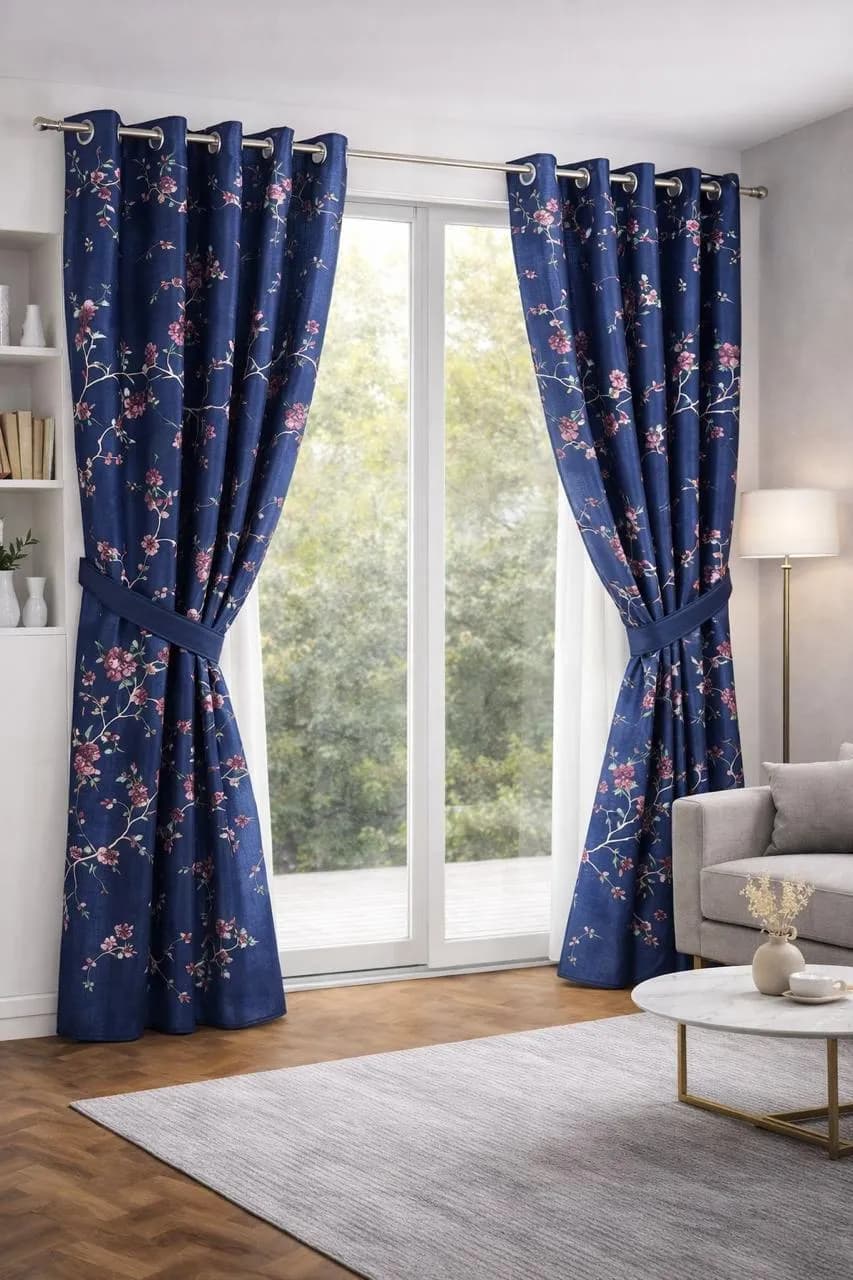 Blue Floral Cotton Curtains 2 Pcs 100"