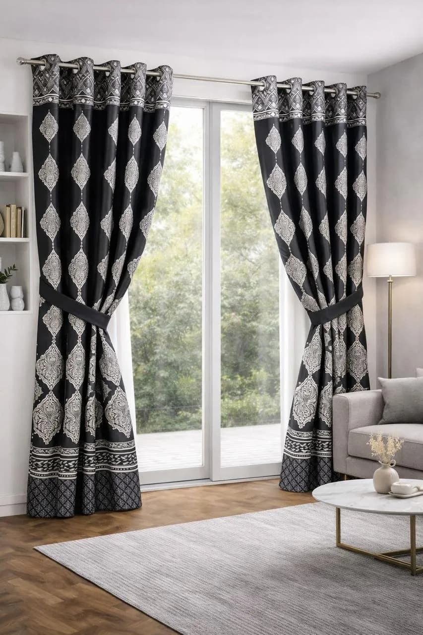 Black Printed Cotton Curtains 2 Pcs 100"