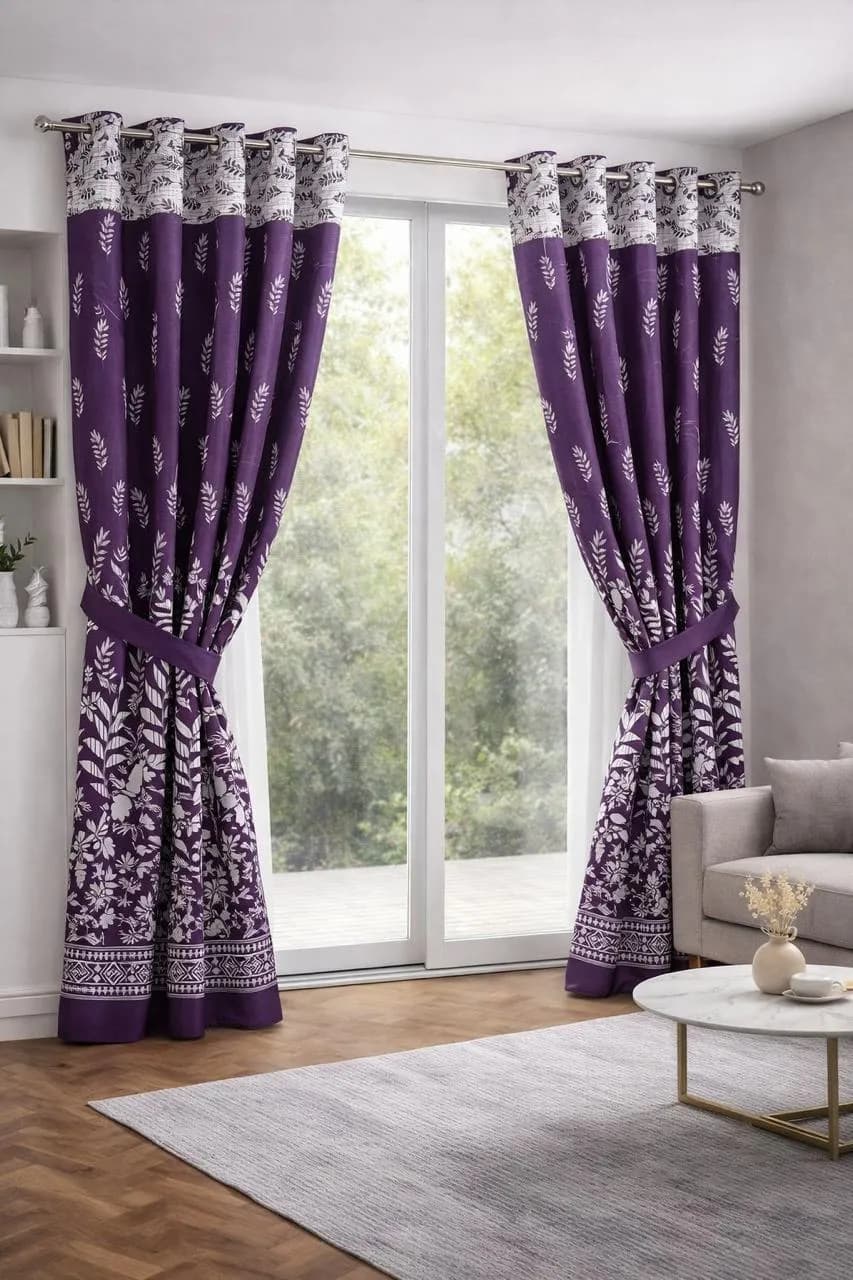Purple Printed Cotton Curtains 2 Pcs 100"