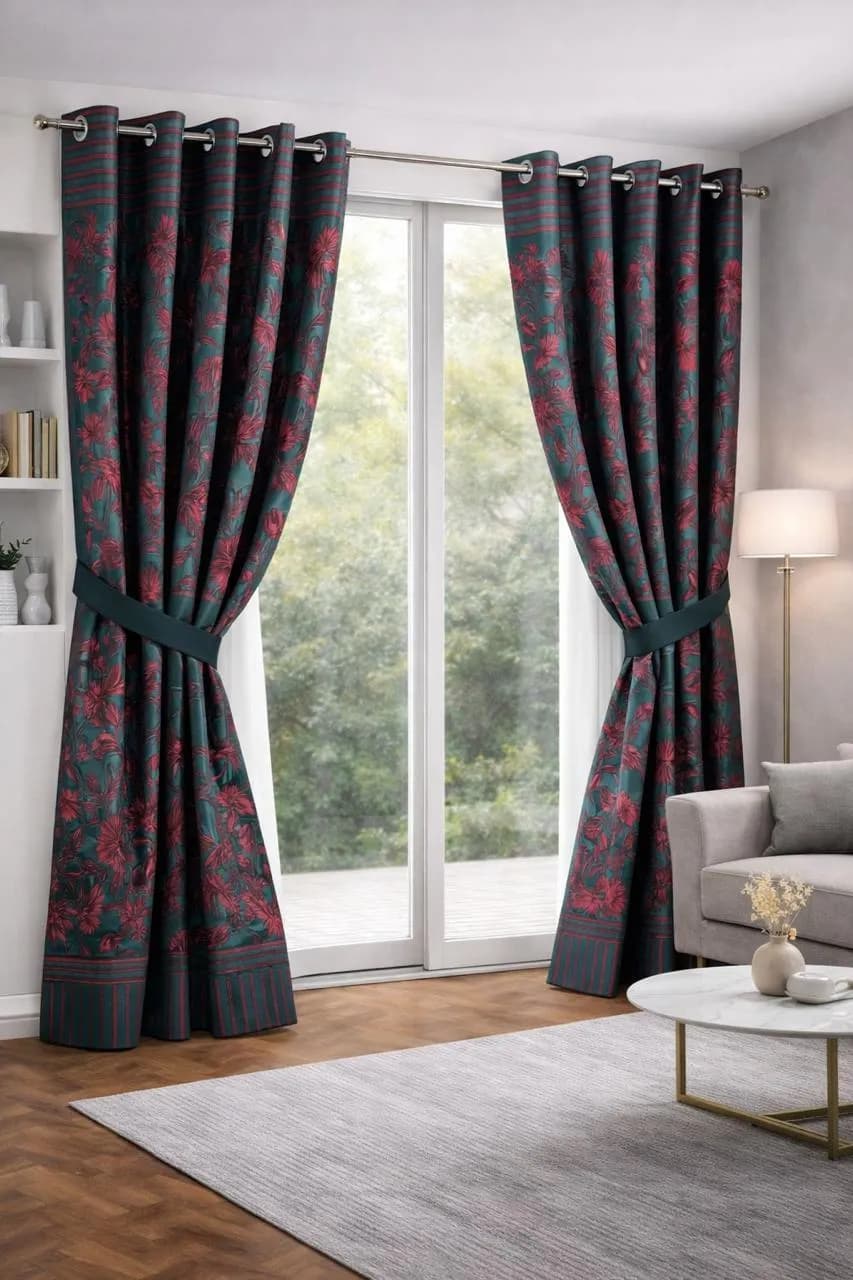 Cotton Printed Curtains Green 2Pcs