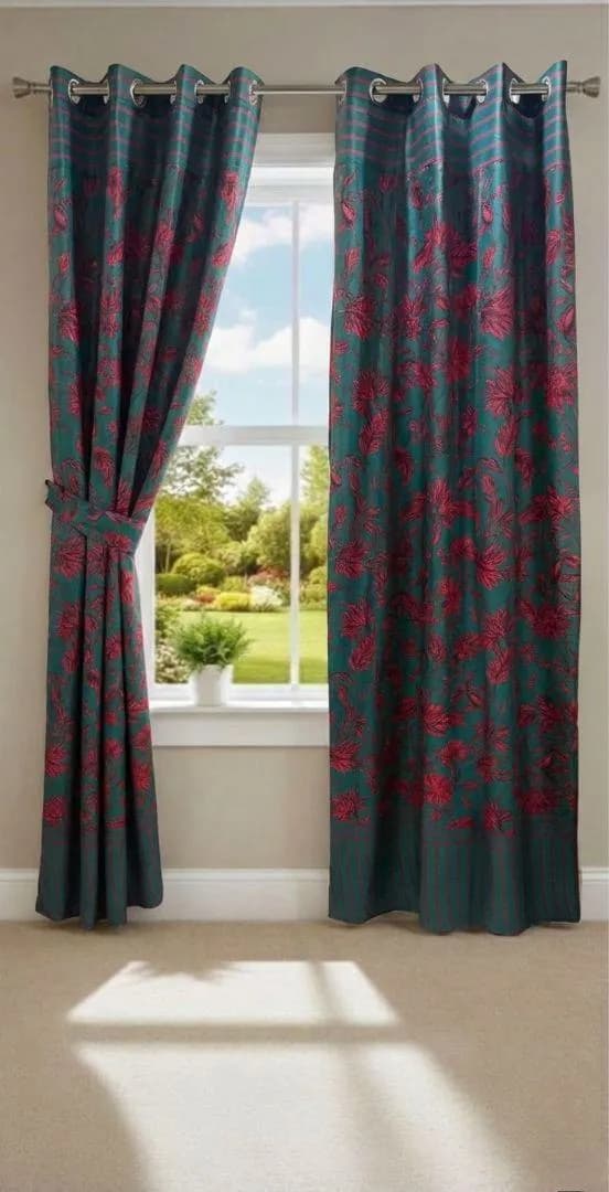 Cotton Printed Curtains Green 2Pcs