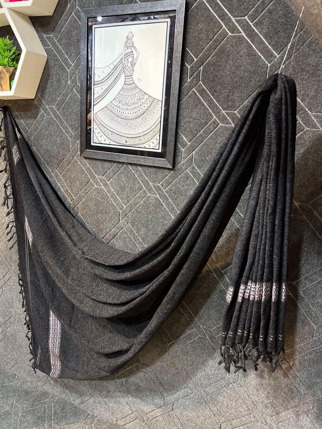 Luxury Velvet Shawl Burgundy Embroidered Black Tassels