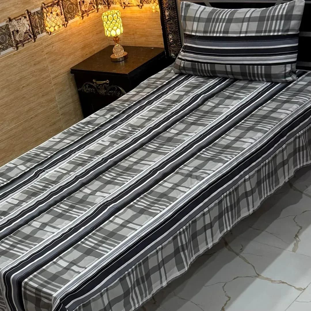 Striped Cotton Single Bed Sheet Set Black Gray
