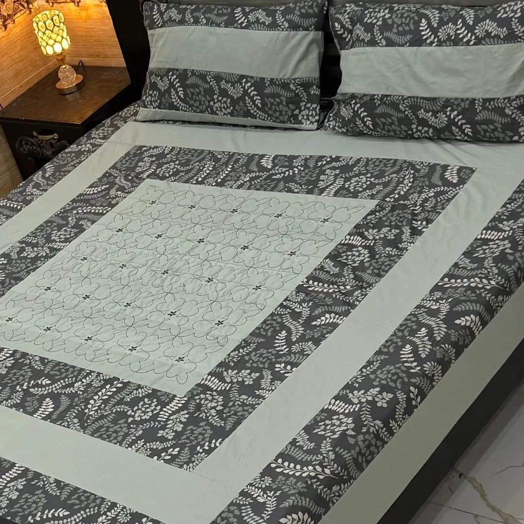 Cotton Patchwork Bedsheet Green Double Bed 3 Pcs