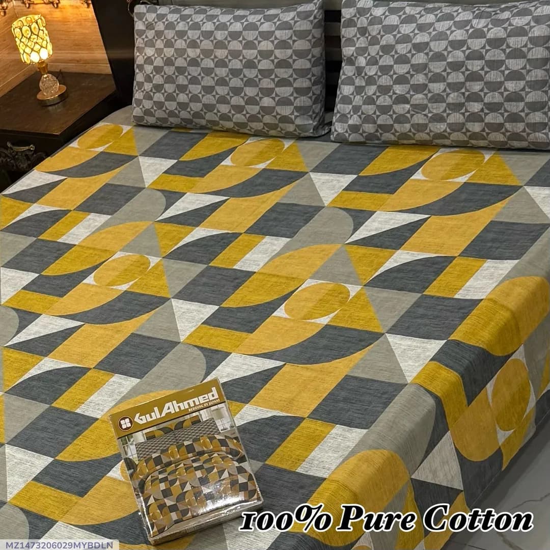 100% Pure Cotton Double Bedsheet Set Yellow Grey