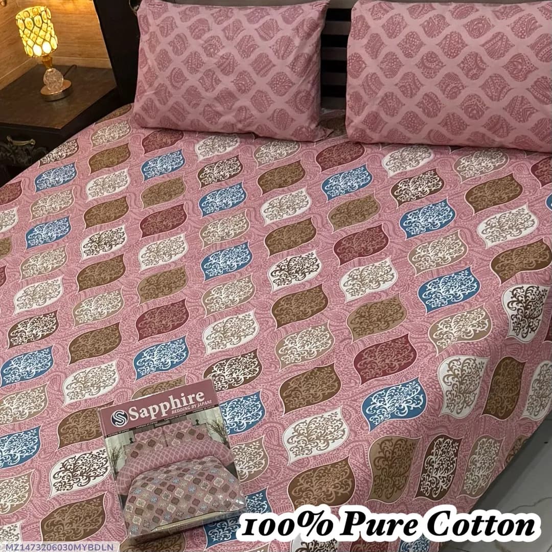 100% Pure Cotton Printed Bedsheet Set Pink Double Bed