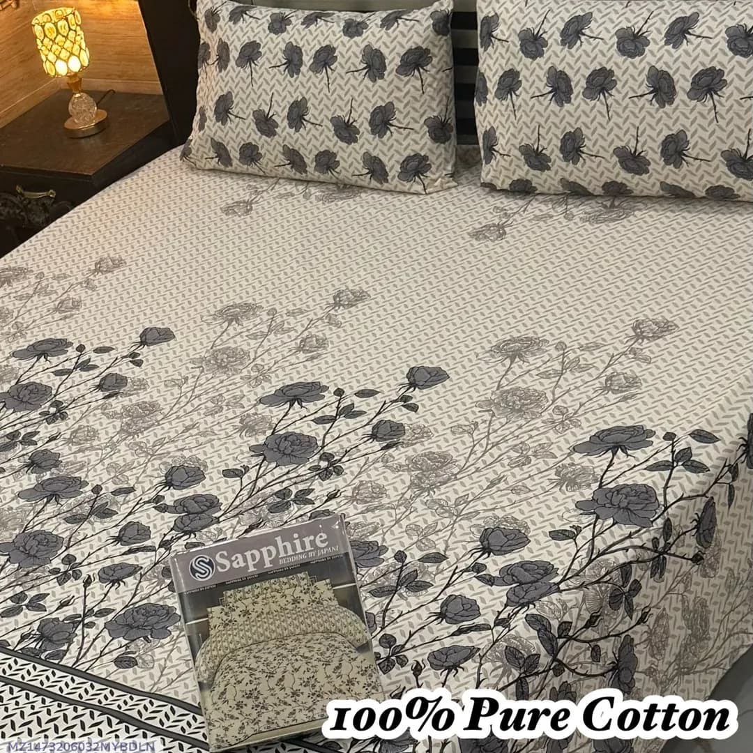 100% Pure Cotton Double Bedsheet Set White Floral
