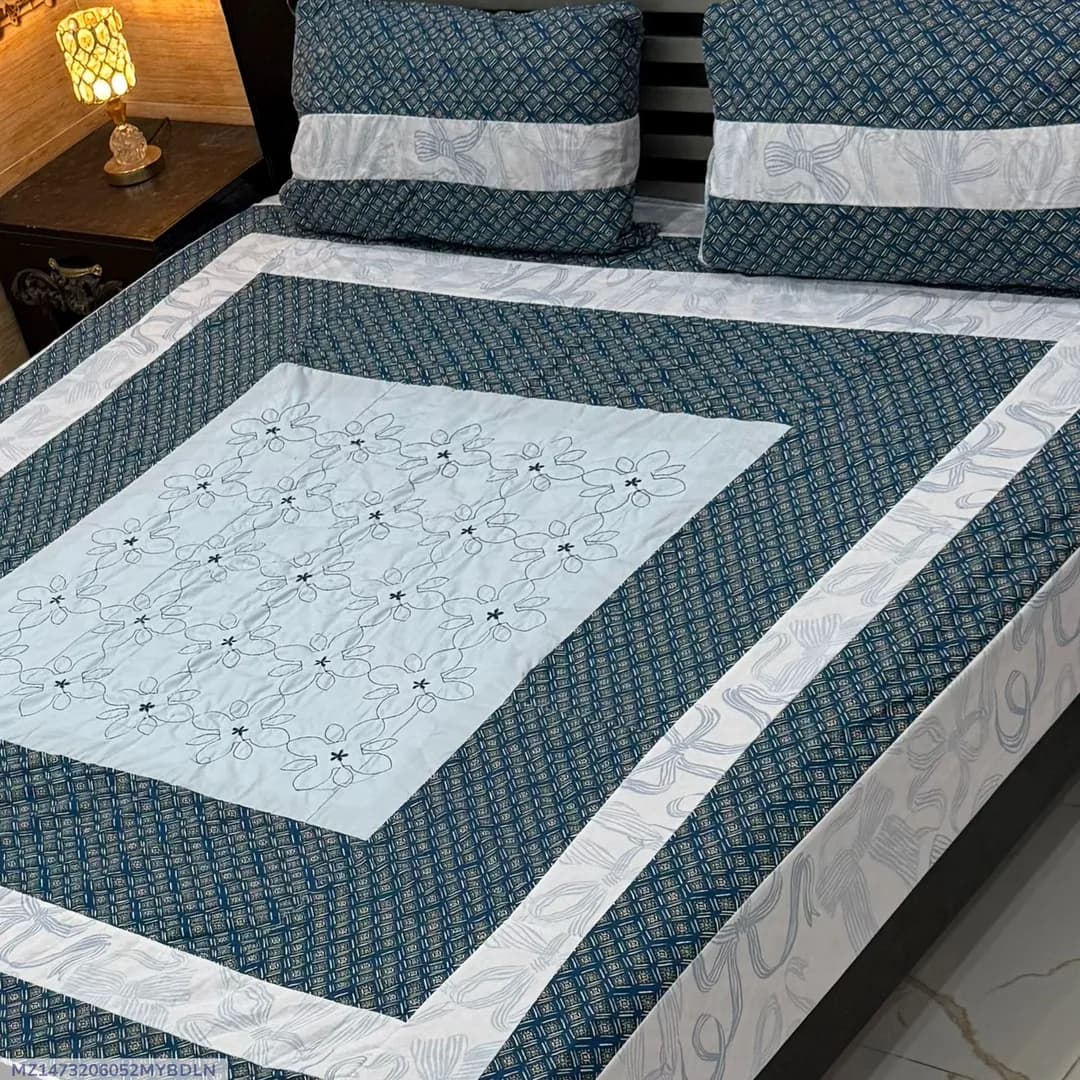 Blue Patchwork Cotton Bedsheet Set for Double Bed