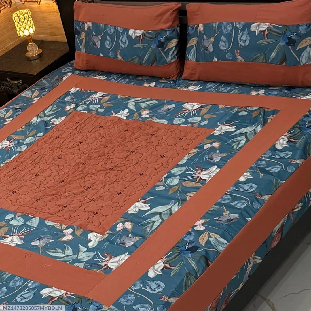 Orange Embroidered Cotton Bedsheet Set for Double Bed