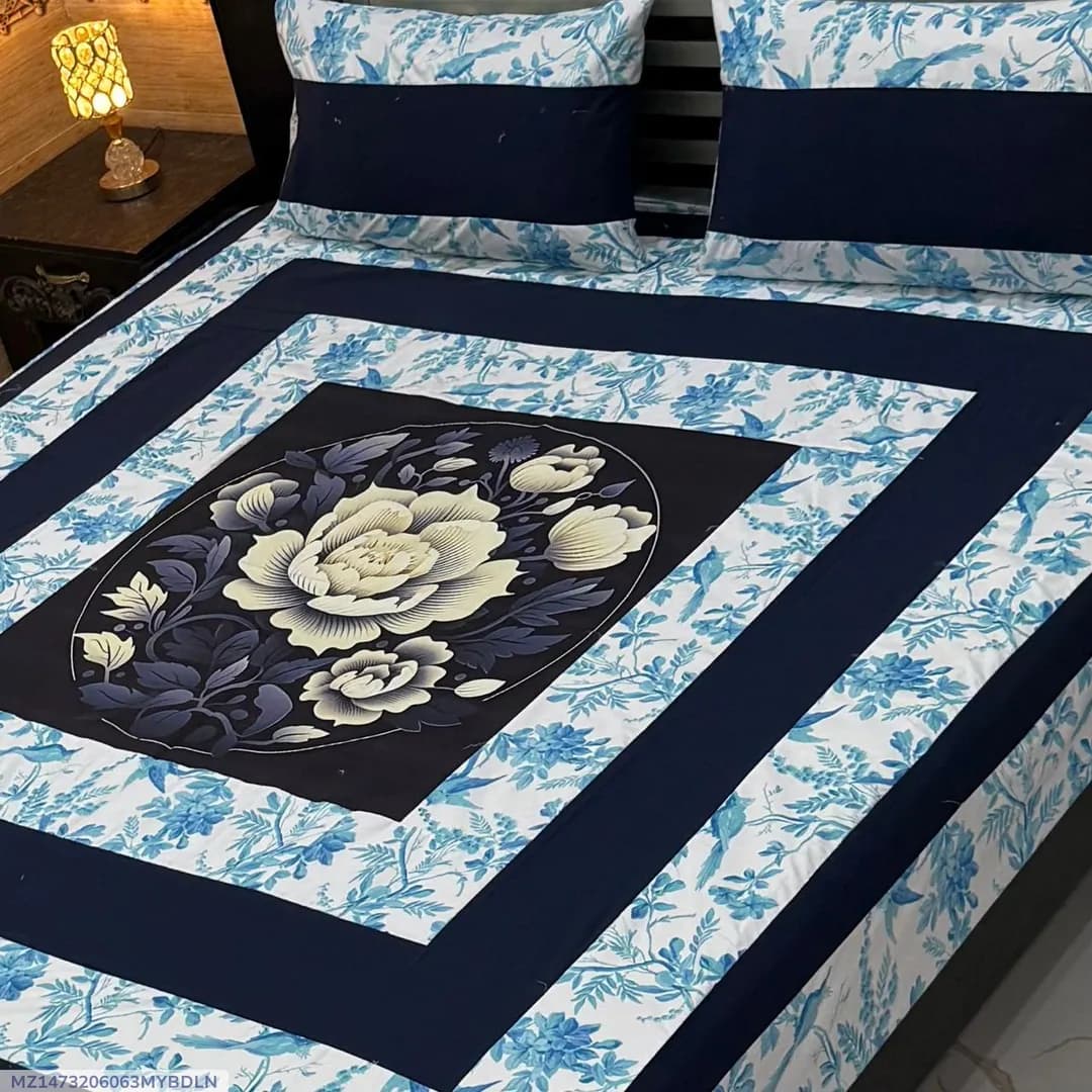 Double Bedsheet Cotton Gold Panel Blue 3 Pcs